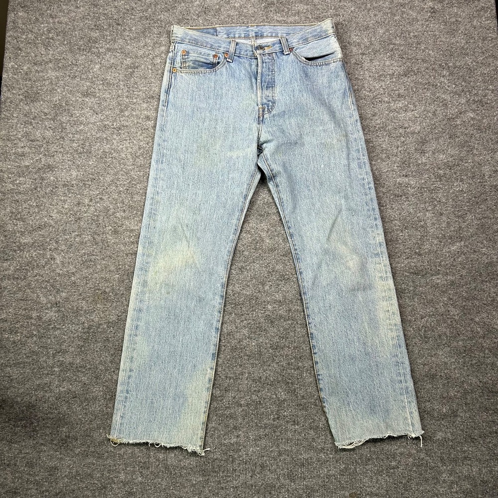 Levi's 501 Jeans Mens Blue Denim Mid Rise Frayed Hem Straight Button Fly - 31X32